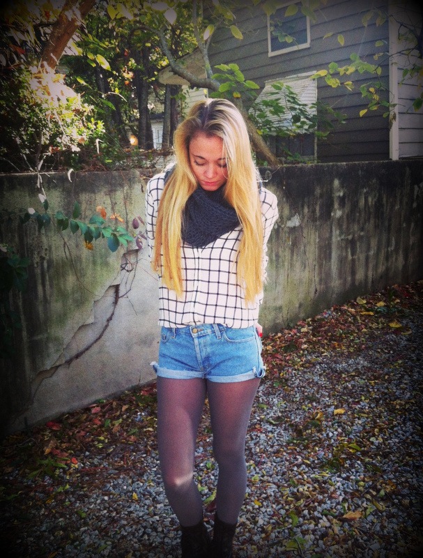 #denim #shorts #infinity #scarf #tights #patterns #grid #combats